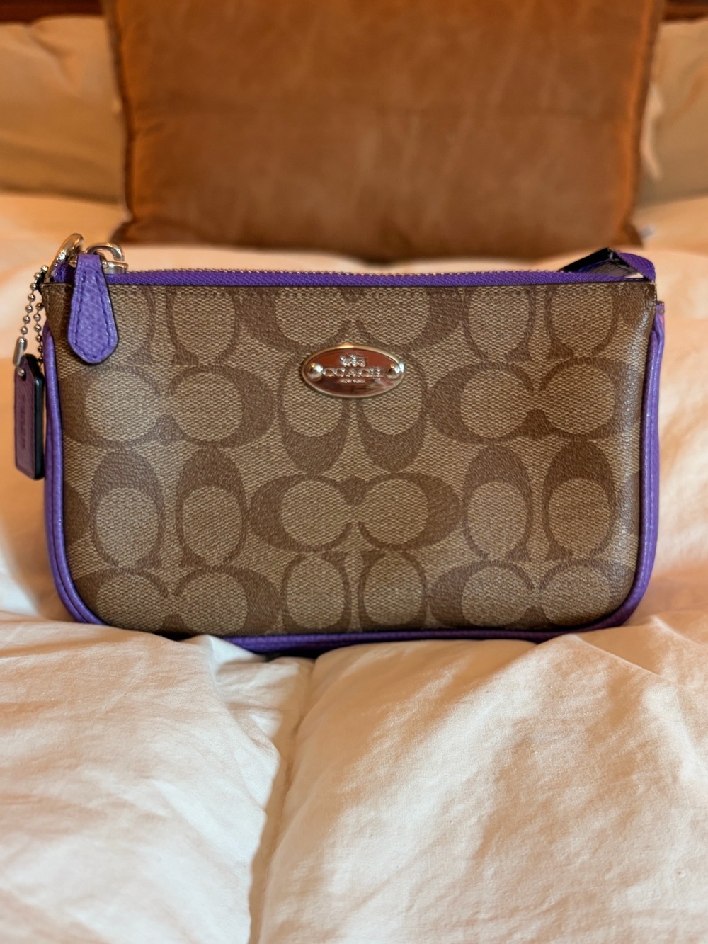 Speciality Coach Brown Signature Canvas Wristlet with Purple Trim